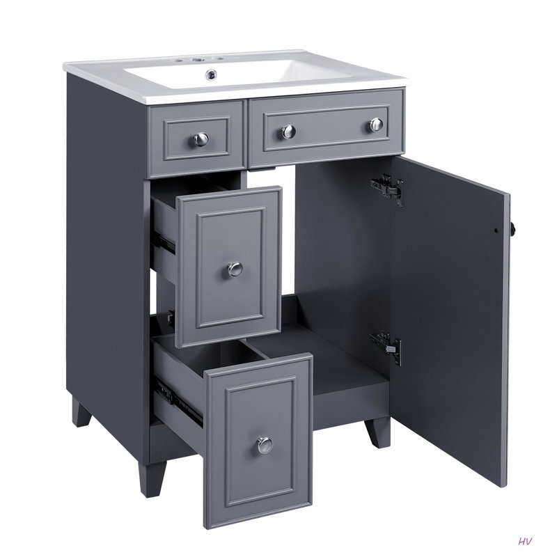 Meuble-lavabo 24 po avec lavabo en céramique, 2 tiroirs, 1 porte à fermeture en douceur, Gris/argent