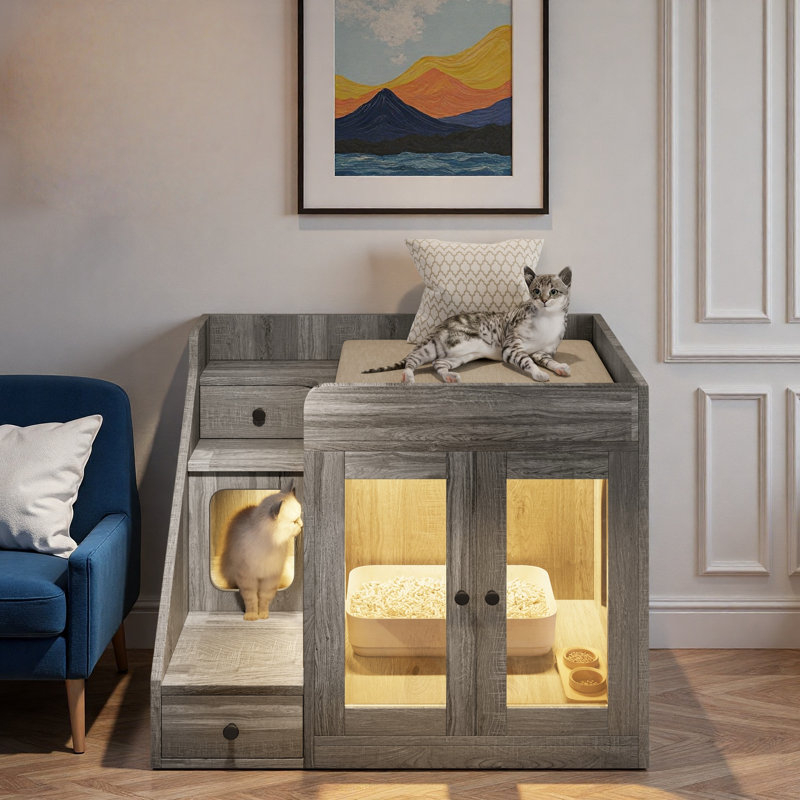 Enceinte de litière pour chat avec lumière, 2 tiroirs de rangement et maison pour chat confortable, Gris