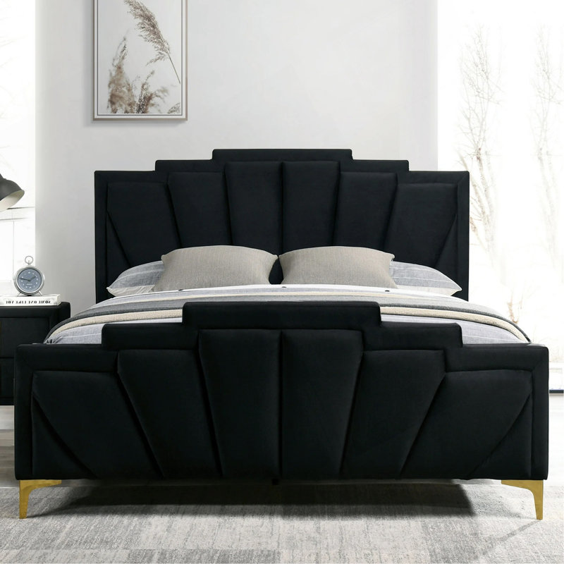 Structure de lit rembourrée en flanelle Glam Classic, Noir et or, Grand lit