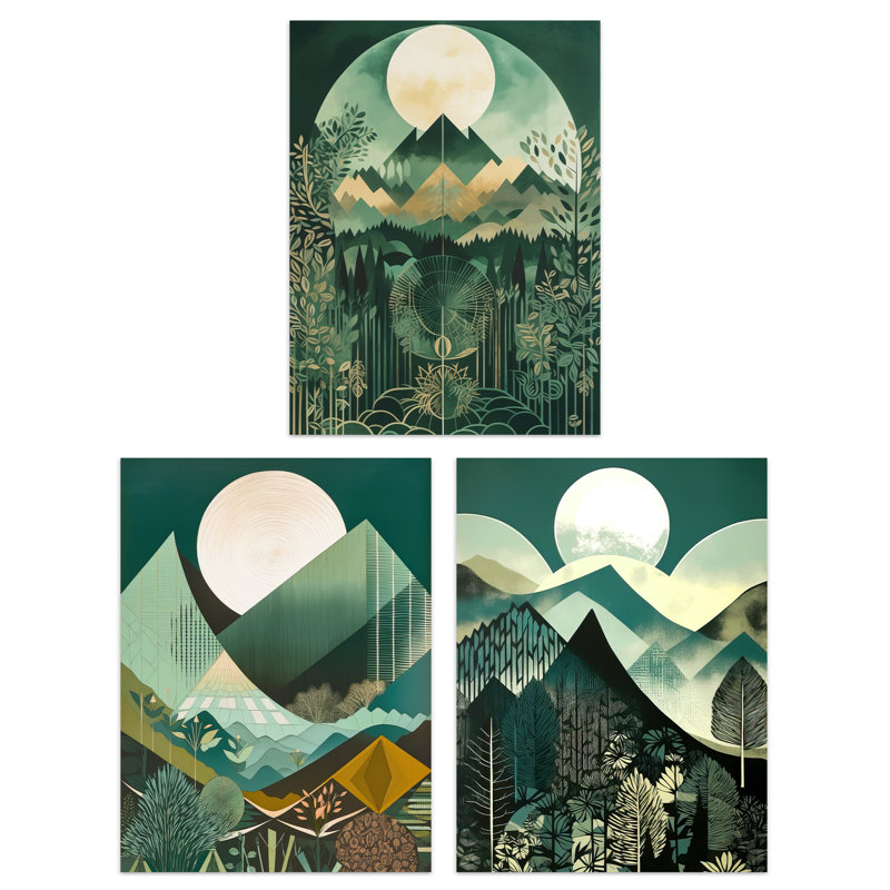 Geometric Forest Mountain Landscape Boho Full Moon Sunrise - 3 Piece No Frame Print Set, 29.7cm H x 21cm W x 0.4cm D