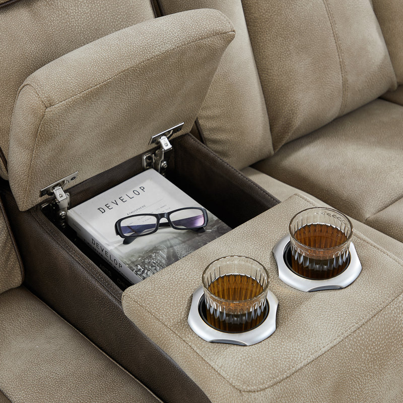 Canapé inclinable électrique 2 places avec appui-tête réglable, repose-pieds et console de rangement, tissu en microfibre, recharge sans fil, porte-gobelet pour le salon (brun)