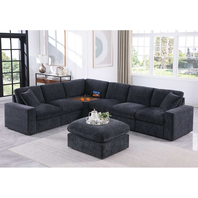 Phalangere Corner Sectional Sofa With Table Cupholder Console And Ottoman, Gray Chenille