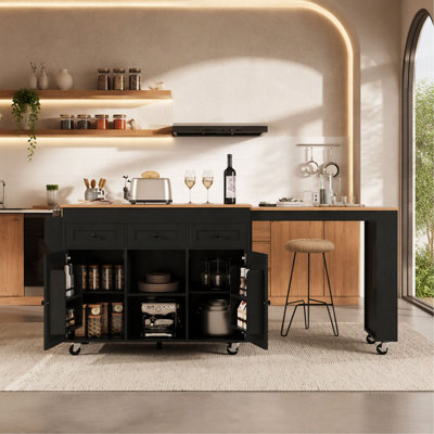Îlot de cuisine 85,5 po K&K avec table de salle à manger extensible, table de rangement de cuisine avec 3 tablettes ouvertes latérales, îlot de cuisine roulant avec prise de courant, 3 tiroirs, 2 portes, pour la cuisine, la salle à manger,