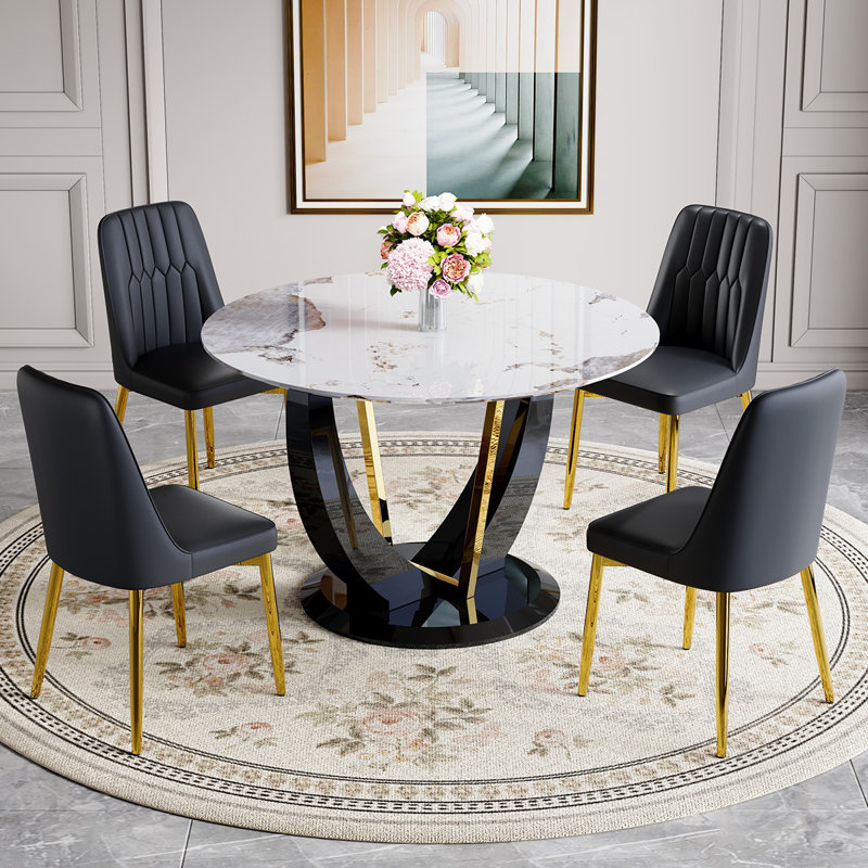 48" Modern Round Dining Table For 4-6 With Tempered Glass Tabletop, 5 Pieces: Table, 4 Chairs, Gray/White/Black
