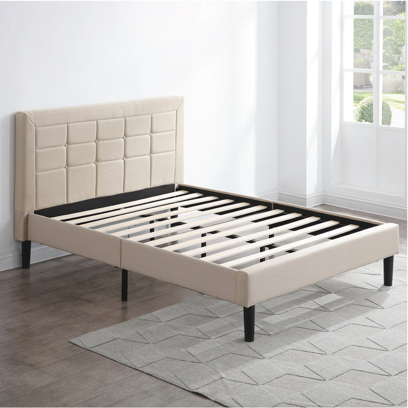 Mueller Upholstered Metal Platform Bed, Beige, Queen
