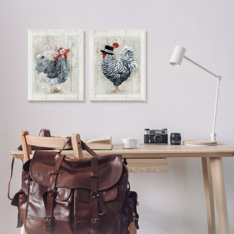 «Farm Rooster and Hen Vintage Birds Brim Hats», ensemble de 2 impressions, H 19 po x l 13 po x P 0,5 po, Plaque murale