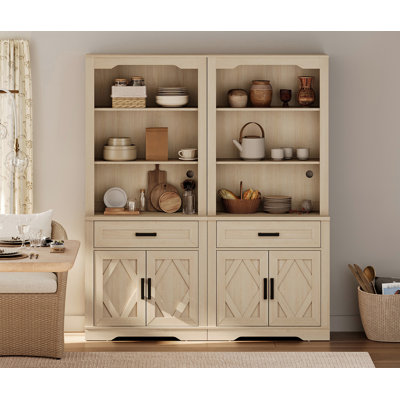 Glenford Kitchen Pantry With Barn Door,73.3" Tall Wood Storage Cupboard,Farmhouse Patry Cabinet With 2 Drawers And Glass Door For Dining Room,Living R by Winston Porter