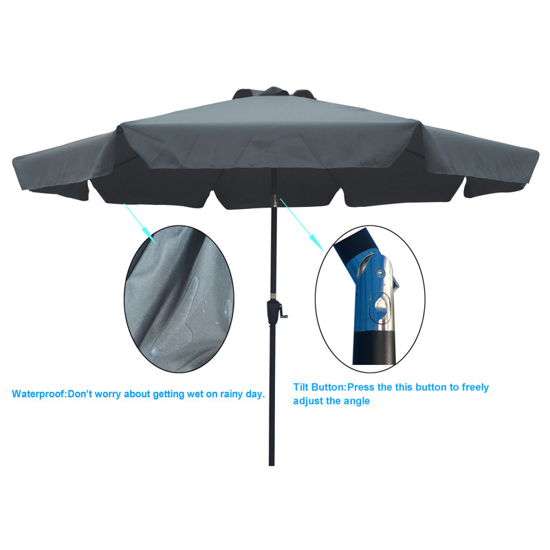 Parasol d'extérieur de 10 pi avec rabat, inclinaison de 8 nervures, manivelle facile, gris / anthracite, mât de 1,49 pouce, nervures de patio à baldaquin, imperméable, assemblage
