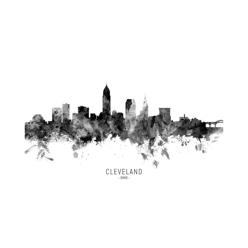 Cleveland Ohio Skyline Name Bw by Michael Tompsett - 1 Piece Wrapped Canvas Wall Art, 45.72cm H x 66.04cm W