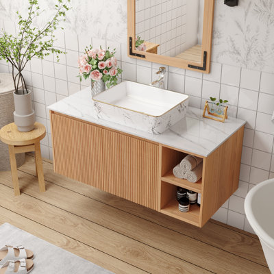 19'' Rectangle Marble Texture Bathroom Sink With Gold-Trimmed Design, Vessel Ceramic Basin Without Faucet, No Cabinet, White