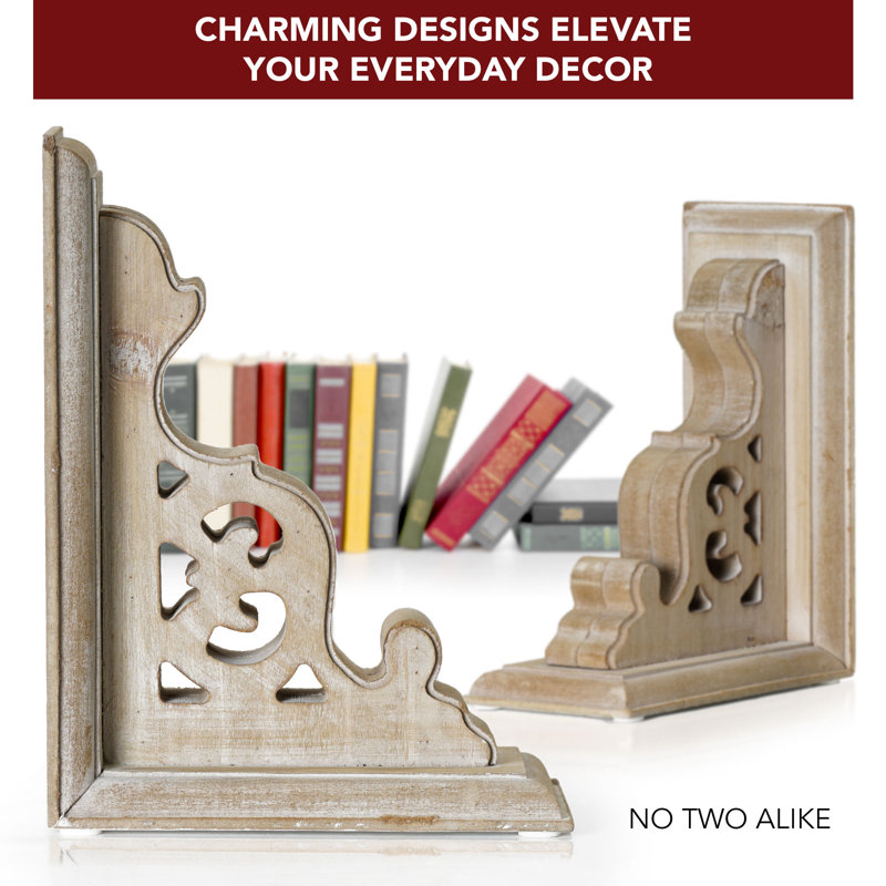 Distressed White Carved Wood Renaissance Bookends Set