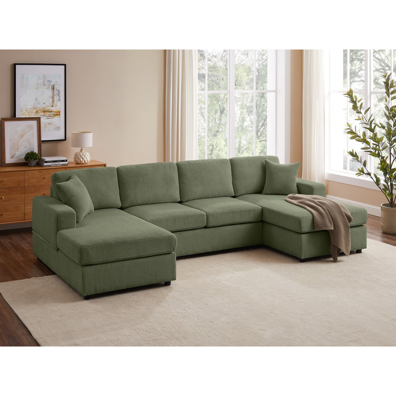 Kujtesa 118.11" W 3-Piece Corduroy & Chenille U-Shaped Sectional, Olive Corduroy