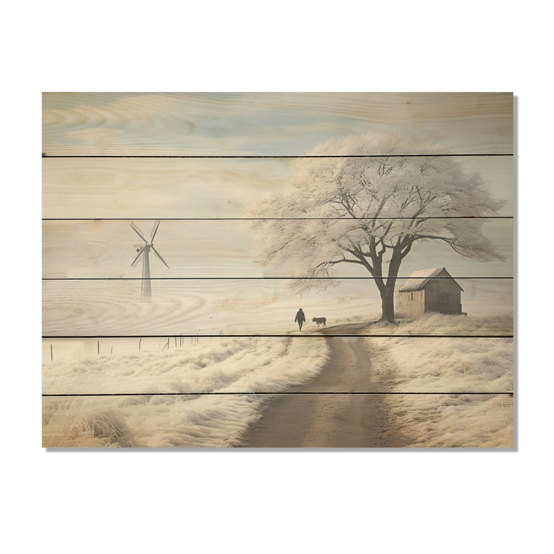 «Wind Turbines Winter Scenery - Wind Turbines», panneau mural en bois sur bois de pin naturel, H 10 po x l 20 po