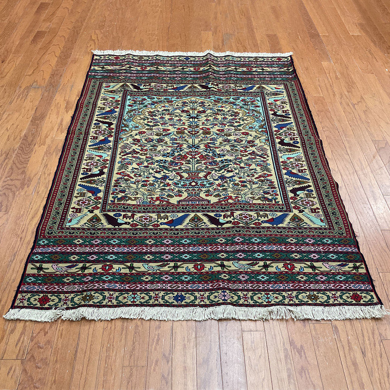 Tapis doré / bleu sarcelle / bleu tissé à la main Southwestern