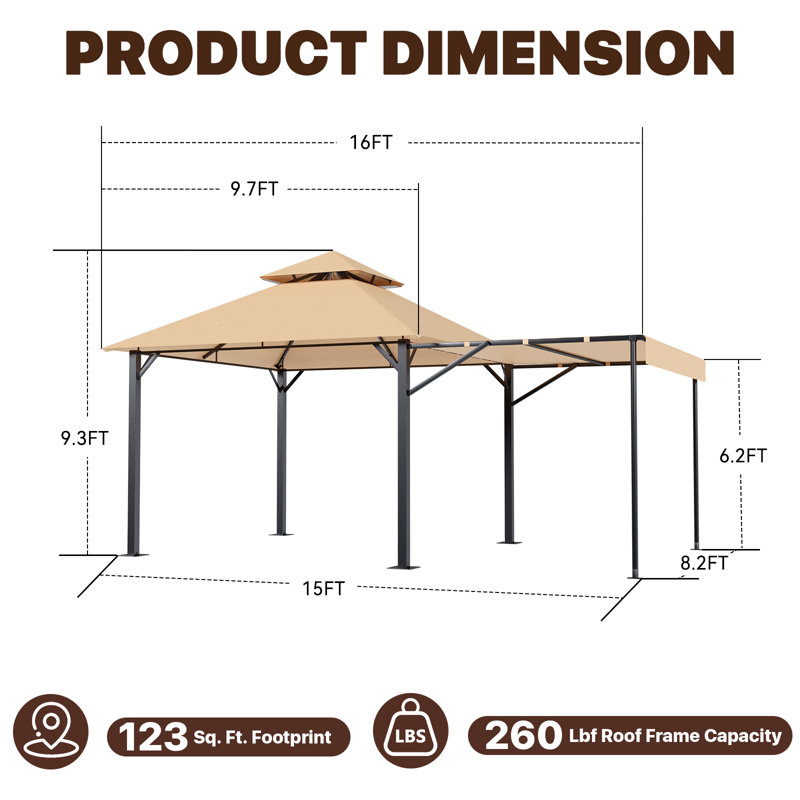 Gazebo de terrasse extérieure de 4,88 m x 3,05 m avec auvent latéral étendu et canopée à double niveau, 16'x 10'