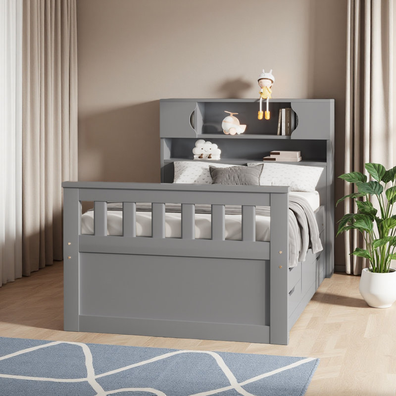 Twin Size Captain Platform Bed Frame With Storage Bookcases And Shelves,Four Drawers