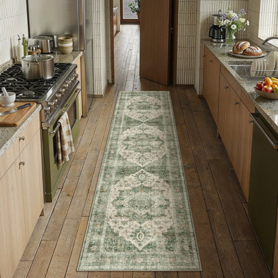Artisanal Vintage Green Area Rug with Machine Washable & Non-Slip