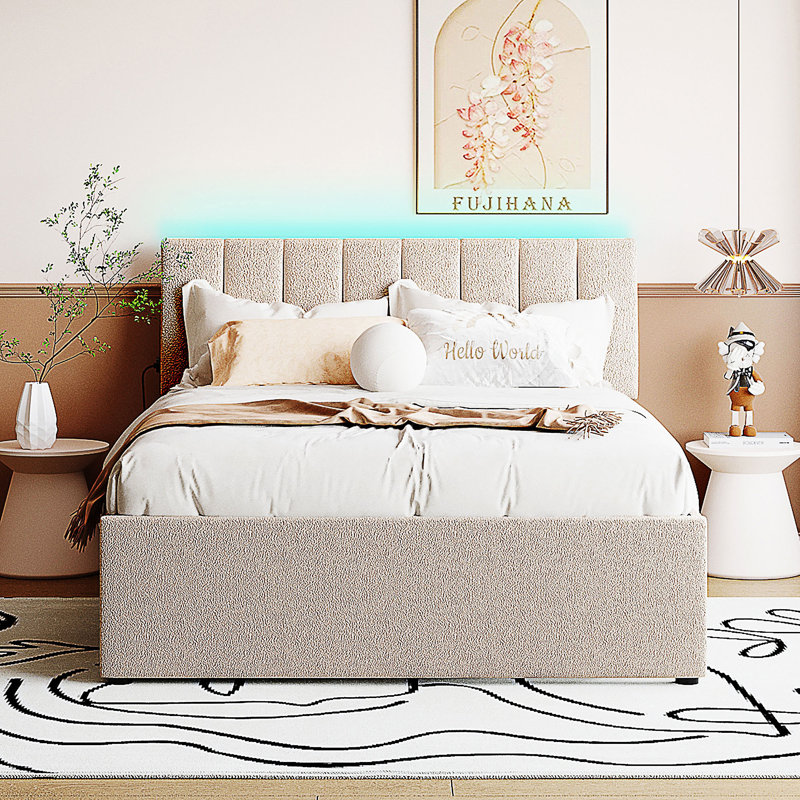Lit plateforme tapissier avec lit gigogne double Teddy, Beige, Lit double