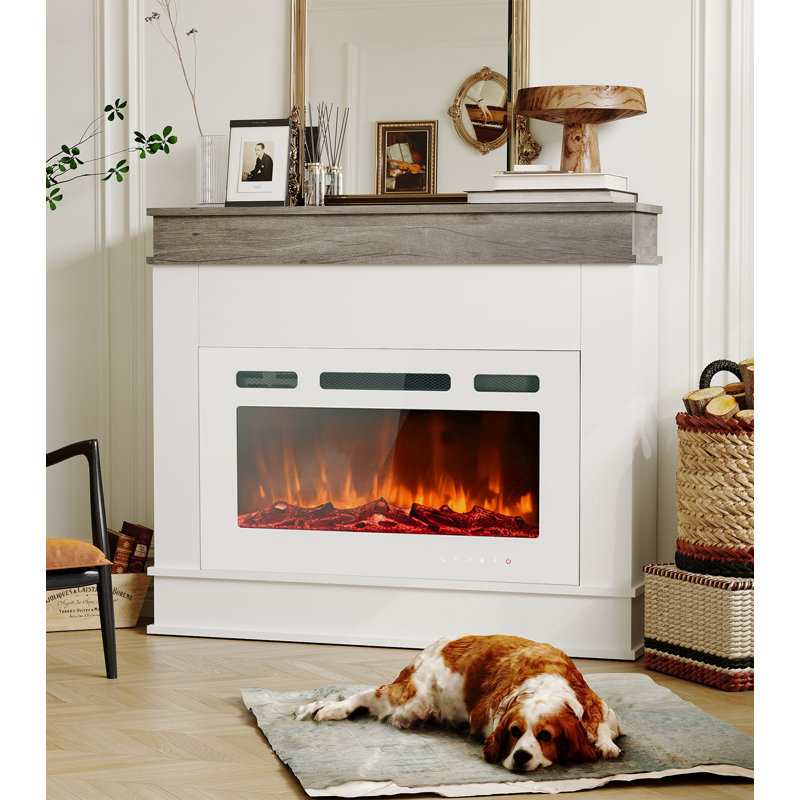 Aafreen Electric Fireplace, White, 33" H x 38.5" W x 7.7" D