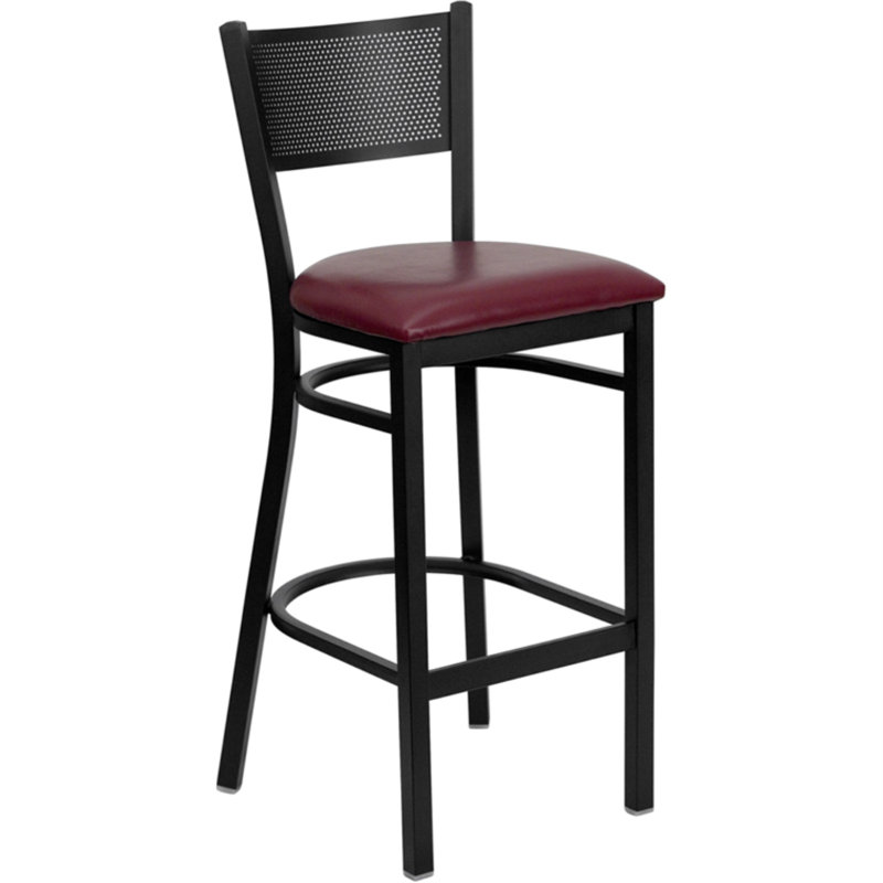 Hercules Black Grid Back Metal Bar Stool with Burgundy Vinyl Seat