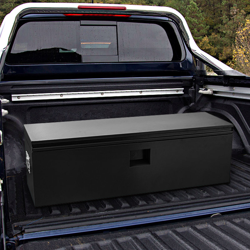 30" Heavy Duty Steel Truck Bed Tool Box, 12-Gauge Lockable Trailer Tongue Chest, Weatherproof Storage Organizer with Pneumatic Strut for RV, Cargo Racks, Black