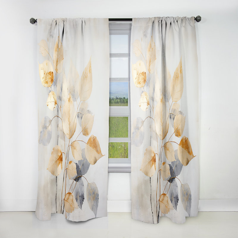 Gold Minimalism Leaves Collage II - Leaves Curtain - Room Darkening Floral Curtain - 1 Panels, 52" W x 108" L