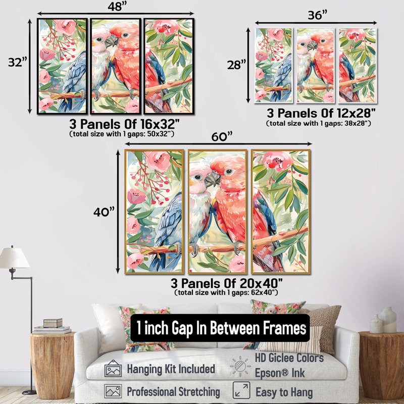 «Pink Green Parrot Love Birds II», ensemble de reproductions d'art mural, Toile encadrée flottée blanche