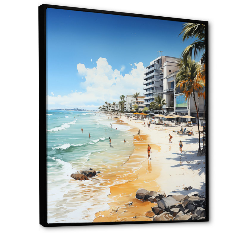 Honolulu beige turquoise Miami Beach, reproduction d'art sur toile, H 20 po x l 12 po x P 1 po, Cadre flottant noir