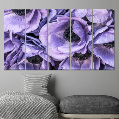Modern Purple Anemone Flower Canvas Art: Tempered Glass Wall Decor,5P Wrapped Canvas