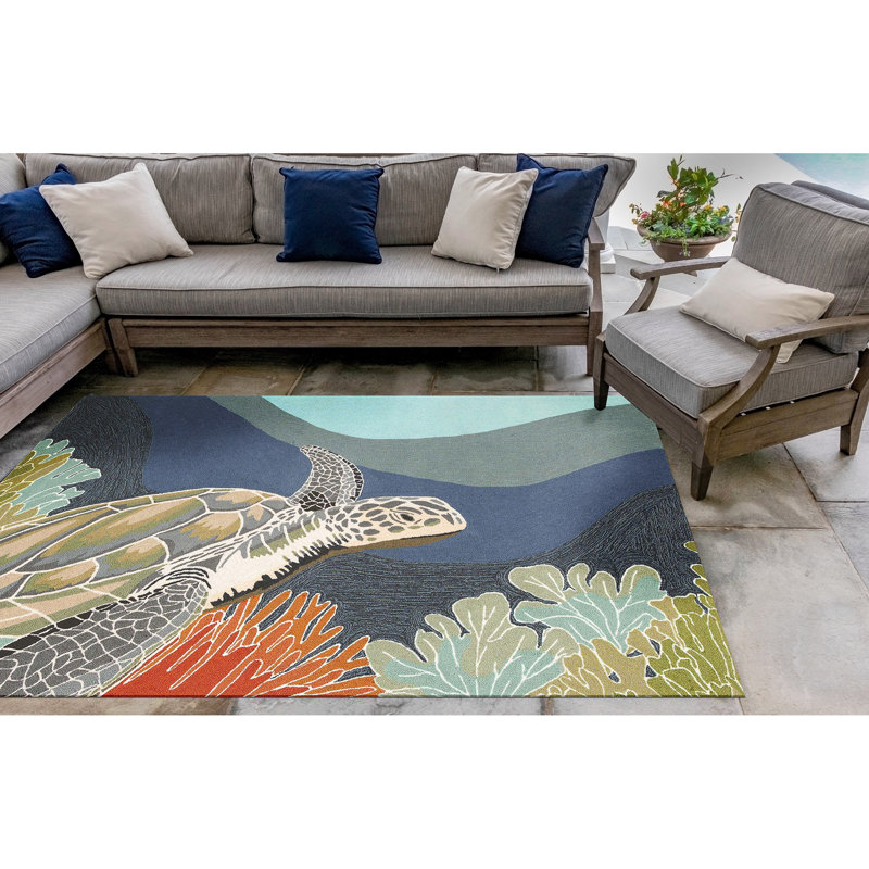 Tapis en polyester touffeté à la main Linh en bleu / vert / corail, Rectangle 7 pi 6 po x 9 pi 6 po
