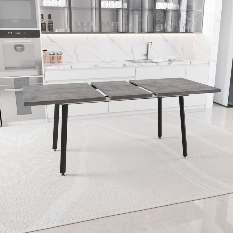 54.76 Expandable Dining Table, Rectangular, Gray With Black Metal Legs, Medieval Industrial Style For Family & Friends Gatherings Modern Kitchen Rectangular , Expandable, Theme
