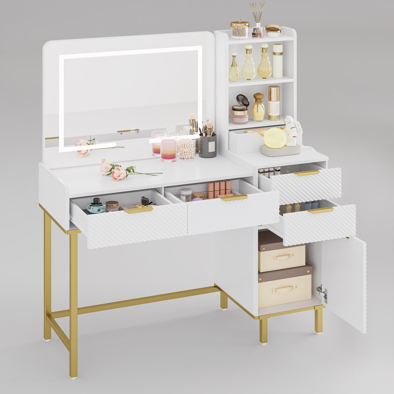 45.3’’L Modern Style Vanity Desk With Mirror, LED Lights And Power Outlet, Bedroom Makeup Vanity Table With Storage Cabinet And 4 Drawers