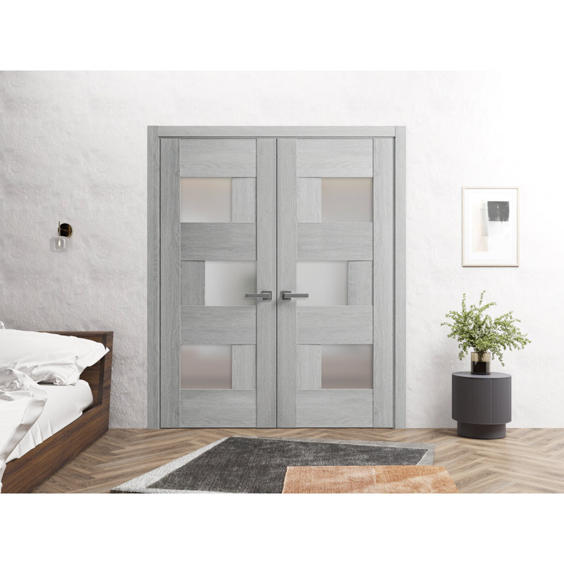 Portes françaises doubles solides | Chêne gris clair avec verre givré Sete 6933, 56 po x 84 po