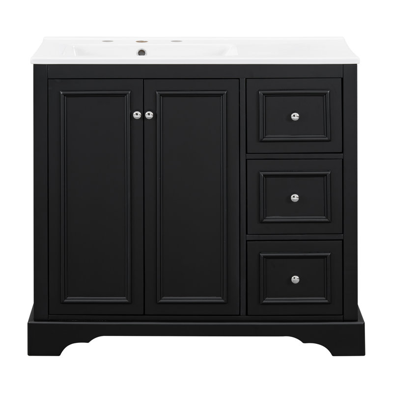Meuble-lavabo 36 po avec plateau en céramique, tiroirs et armoire, Noir
