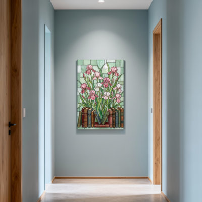 Plantes et fleurs, vitrail, iris et livres