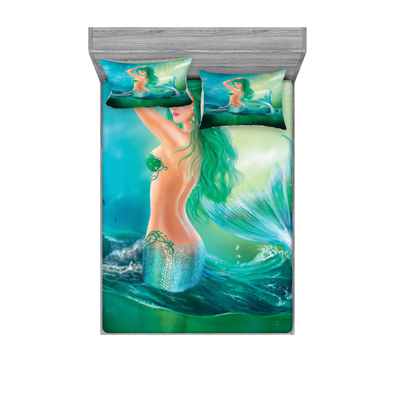 Drap-housse et coussin décoratif bleu vert Ambesonne, Ensemble de draps pour grand lit + 5 pièces suppl