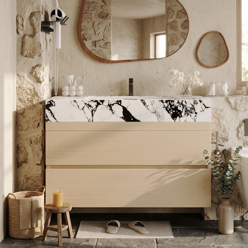 Meuble-lavabo suspendu moderne de 76 cm (30 po) avec comptoir en pierre frittée, lavabo en céramique et rangement à fermeture en douceur