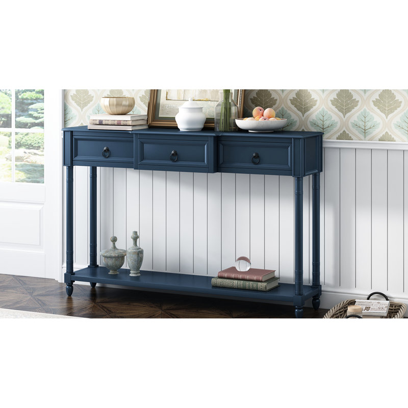 Console antique bleu marine avec tiroirs et tablette fonctionnelle inférieure rectangulaire, couleur bleue