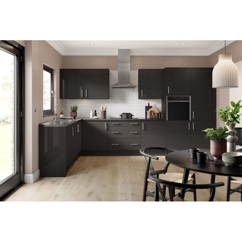 Kitchen Kit Flatpack Slab Gloss Base Unit, 87cm H x 30cm W x 57cm D, Graphite