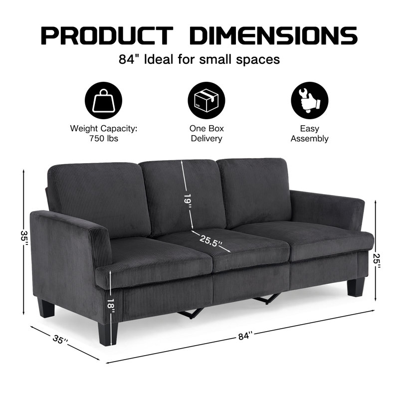 84'' Corduroy Upholstered 3 Seater Sofa, Dark Gray, Dark Gray