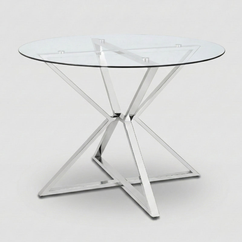 Xander Round Glass Top Metal Base Dining Table, Clear Top/Chrome Base