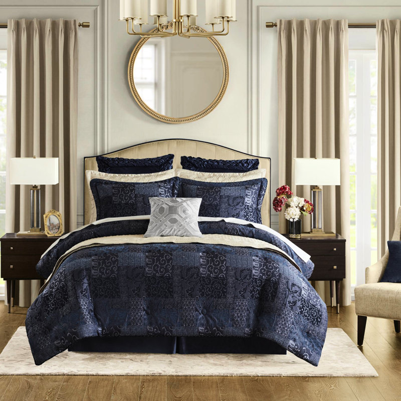 4 édredons très grand bleu marine - 2022 Fabrication améliorée pour la longévité du produit avec fermetures à glissière cachées sur les taies décoratives en chenille et revers uni avec lustre gracieux 1 édredon, 2 taies décoratives, jupe de lit avancée