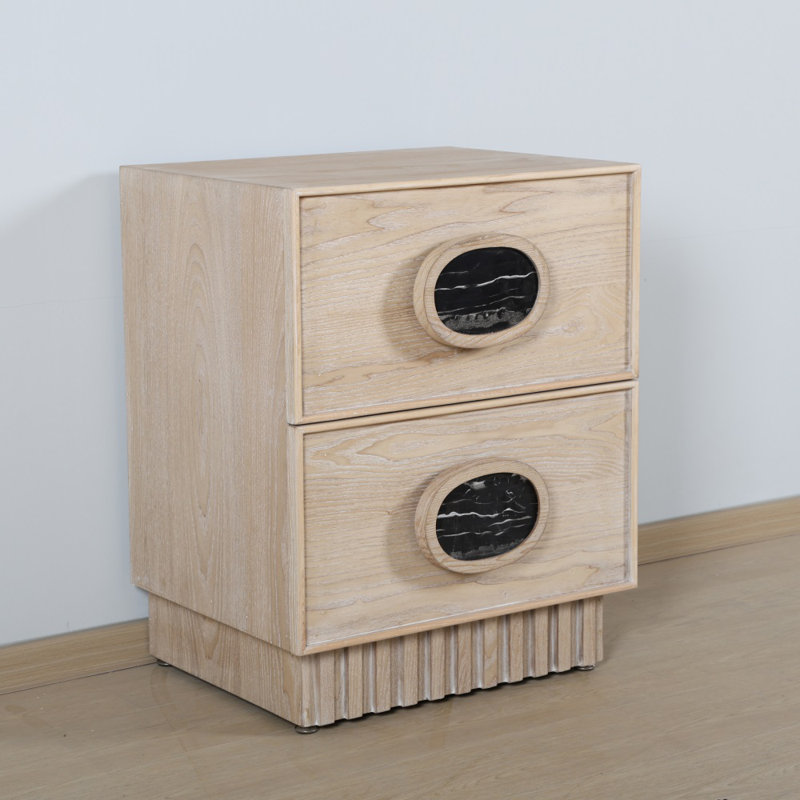 Lulu Light Oak 2-Drawer Nightstand with Black Faux Marble Handles – Fluted Base Modern Accent Table
