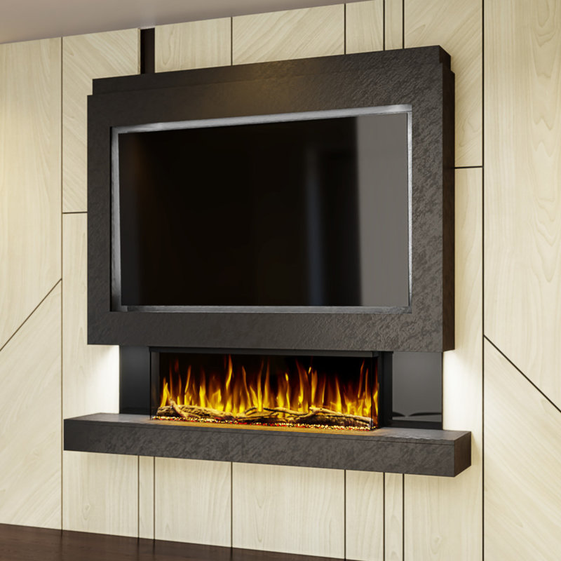 Evolution Fires Pre-Built Media Wall Package 1, finished in textured Venetian Plaster, includes Spectrum Series 44 Series 3-Sided Electric Fireplace