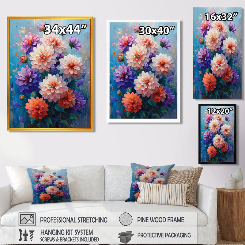 Danse des fleurs de dahlia rose bleu, collage II - décoration murale Dahlia, Cadre flottant doré, H 30 po x l 40 po