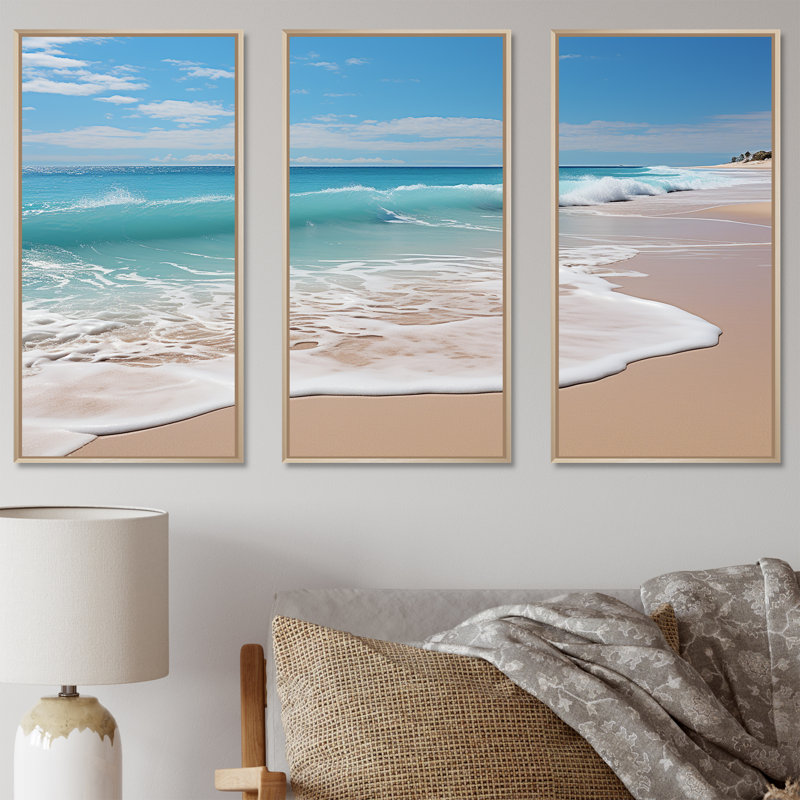 Oceanic Beach Harmony - Ensemble de décoration murale bord de mer, Cadre flottant érable, H 32 po x l 48 po x P 1 po