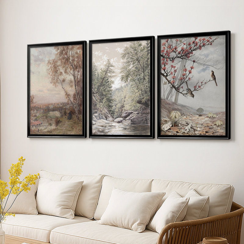 Paysage rétro Cxxxxi - Toile tendue avec châssis sur mesure - 3 pièces, H 19 po x l 27 po, Noir
