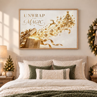 Toile de Noël dorée avec renne et arbre rougeoyant, art mural sur toile