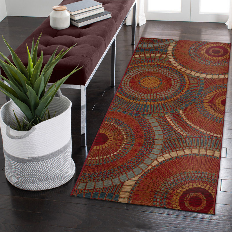 Lygia Abstract Synthetic Non-Skid Kitchen Mat, Runner 1'11" x 4'11", Red/Orange/Blue