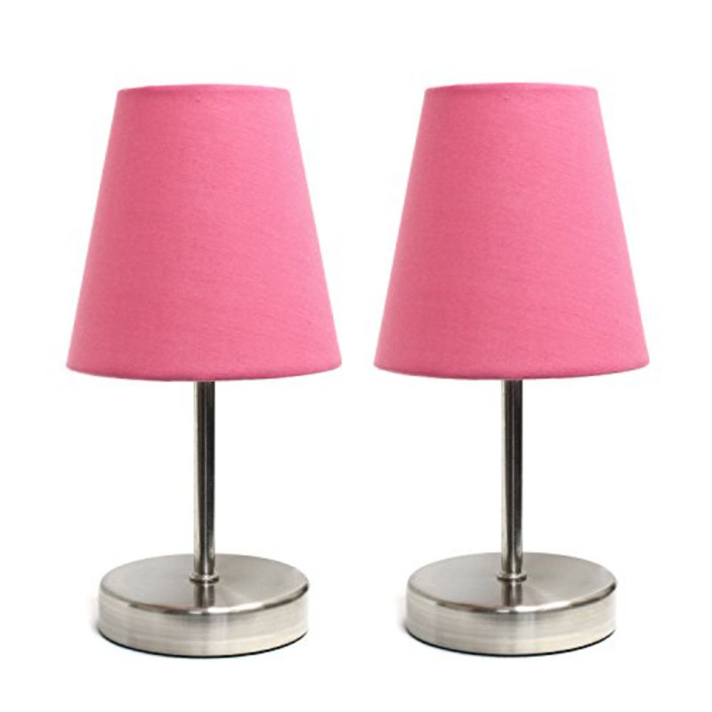 Amandev Simple Designs Sand Nickel Mini Basic Table Lamp with Tapered Fabric Shade, Pink
